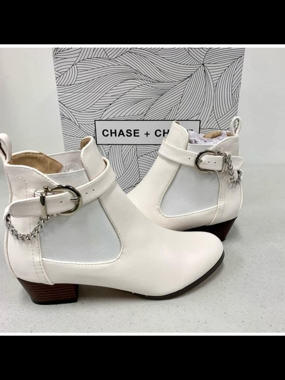 Chase + Chloe White Chelsea Ankle Boots with Buckle & Chain Accent